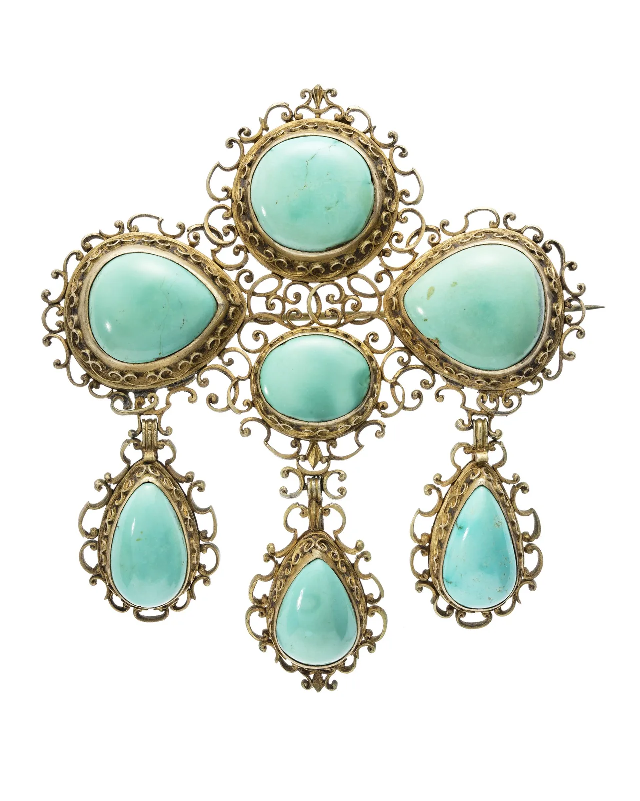 Nineteenth-century gilt-silver brooch with seven pale turquoise cabochons as rounds and drops in a scrolled openwork frame