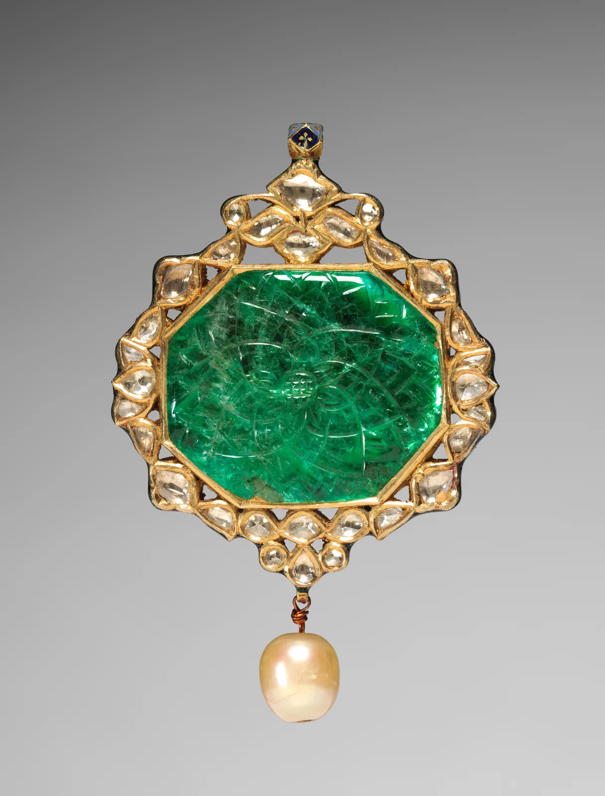 Jaipur gold pendant with a large octagonal carved emerald, a diamond scallop, and a baroque pearl drop