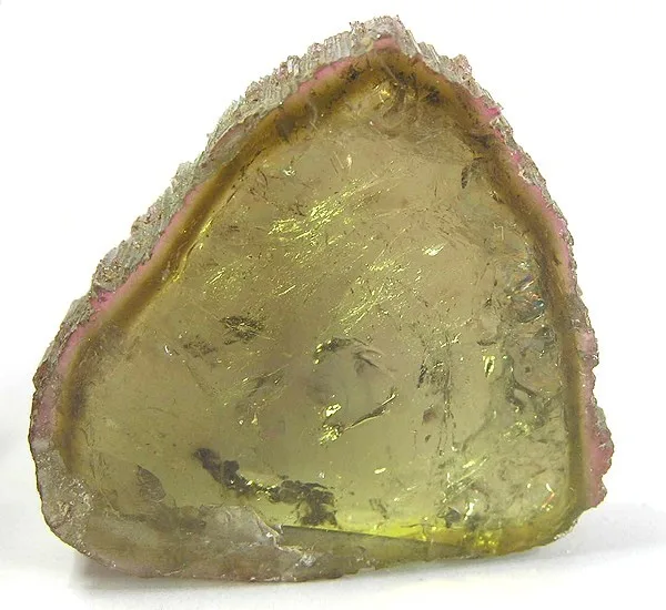 A polished slice of liddicoatite with a light green center and a pink rind, the growth triangles still visible